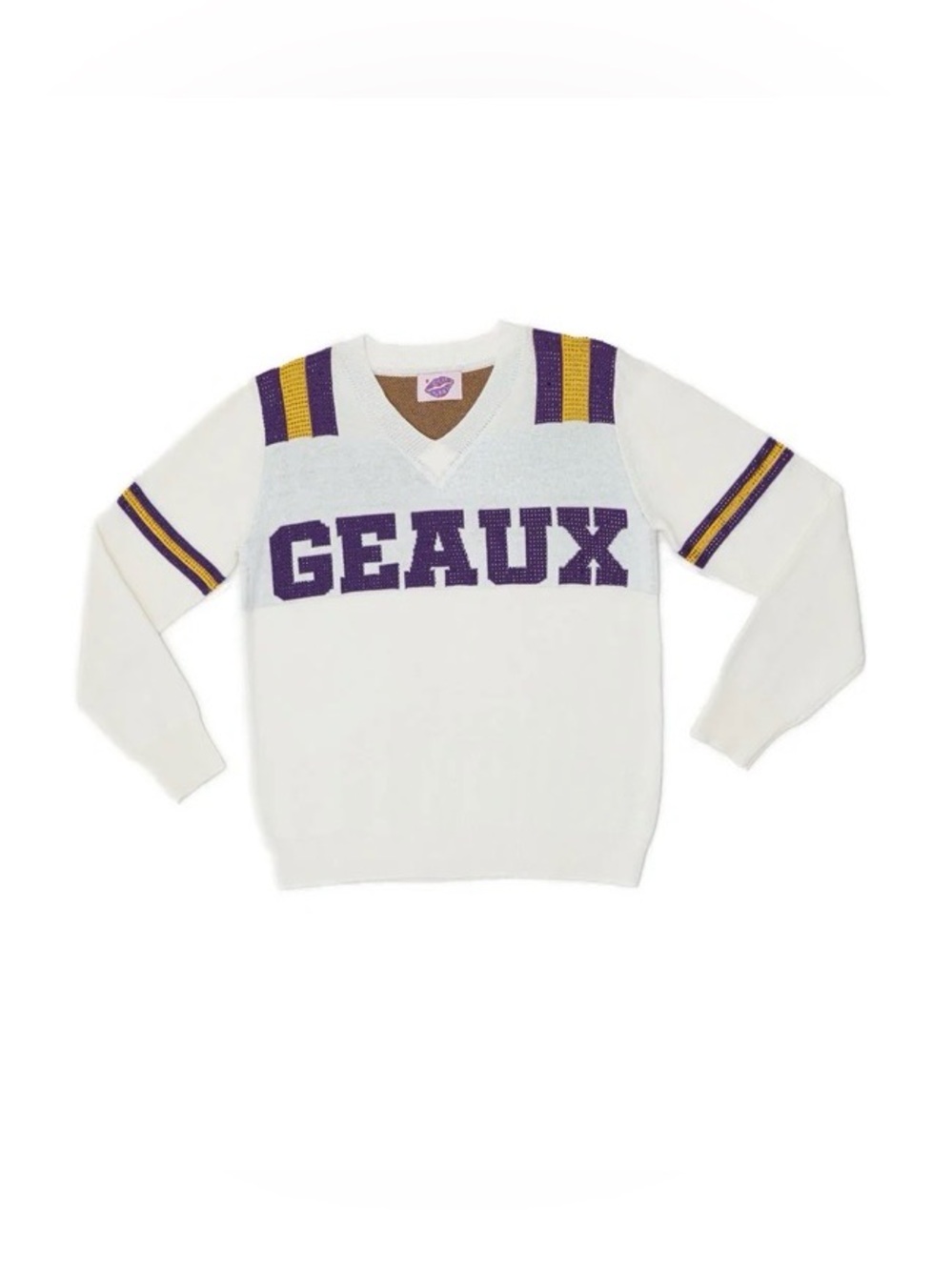 Sparkle City GEAUX White V-Neck Sweater with Purple & Gold jeweled Accent - LSU